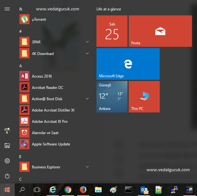 Windows 10da Tek Sütunlu Başlat Menüsü